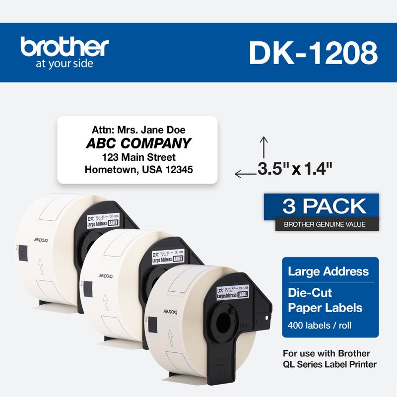 Brother Genuine DK-1208 Die-Cut Large Address Labels, Long Lasting Reliability, Die-Cut Large Address Paper Labels, 400 Labels per Roll, (1) Roll per Box - DK1208, White (DK12083PK) - Image 2